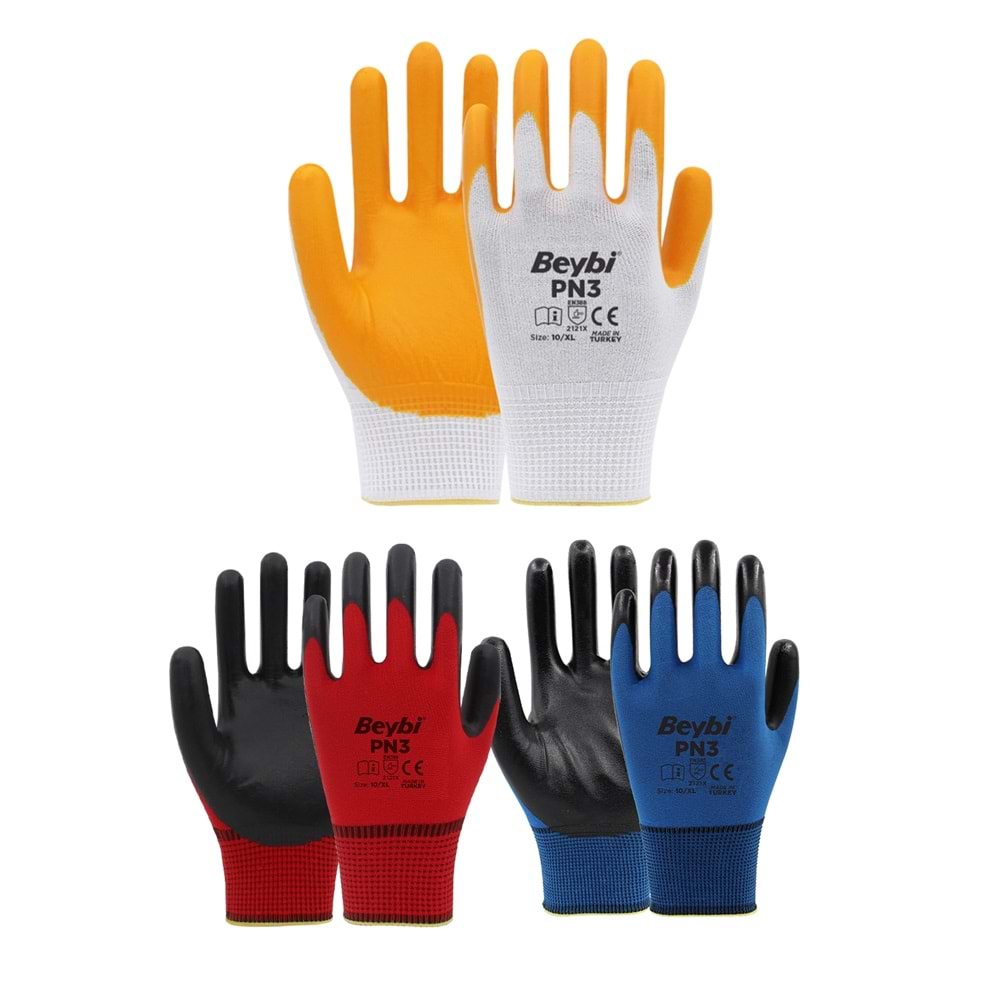 Eldiven İş Sarı/Mavi/Kırmızı PN3 Polyester Örme Nitril Beybi