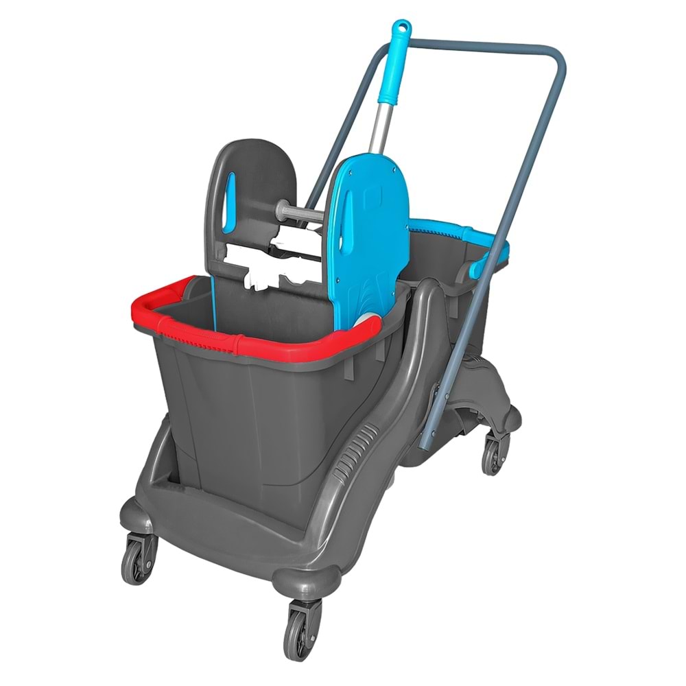 Temizlik Arabası Plastik Presli Çift Kovalı Plastik Tekerlekli CK748