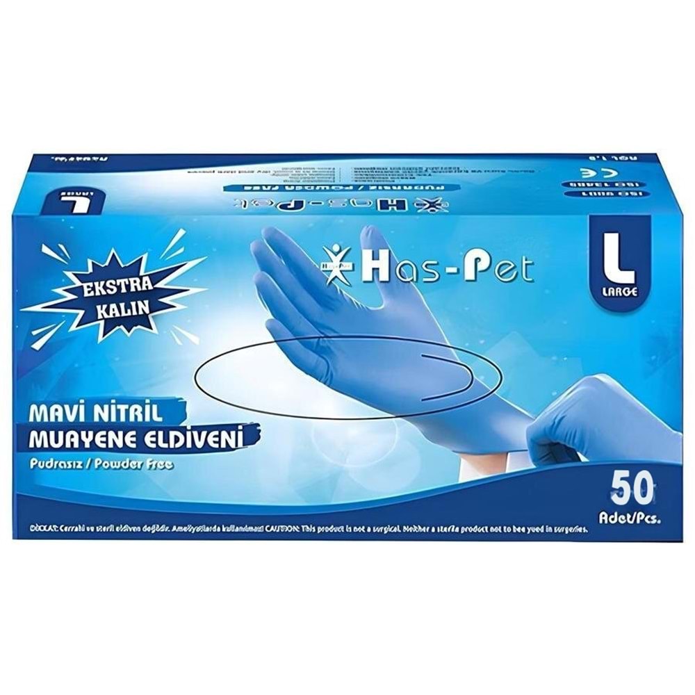 Eldiven Nitril Mavi Pudrasız Ekstra Kalın Uzun Konçlu 50li - L Haspet