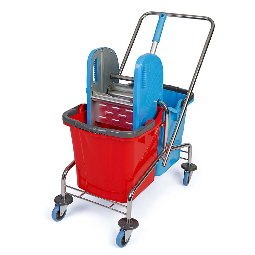 Temizlik Arabası Krom Pressiz Çift Kovalı Metal Tekerlekli