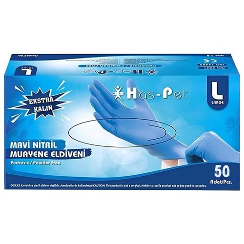 Eldiven Nitril Mavi Pudrasız Ekstra Kalın Uzun Konçlu 50li - L Haspet