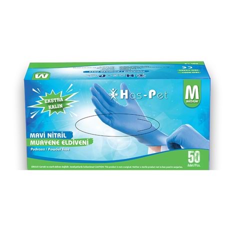Eldiven Nitril Mavi Pudrasız Ekstra Kalın Uzun Konçlu 50li - M Haspet