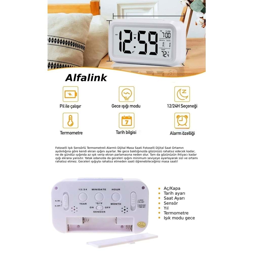 Digital Masa Saati/Termometre/Nem Ölçer/Alarm Işık Sensörlü Alfalink